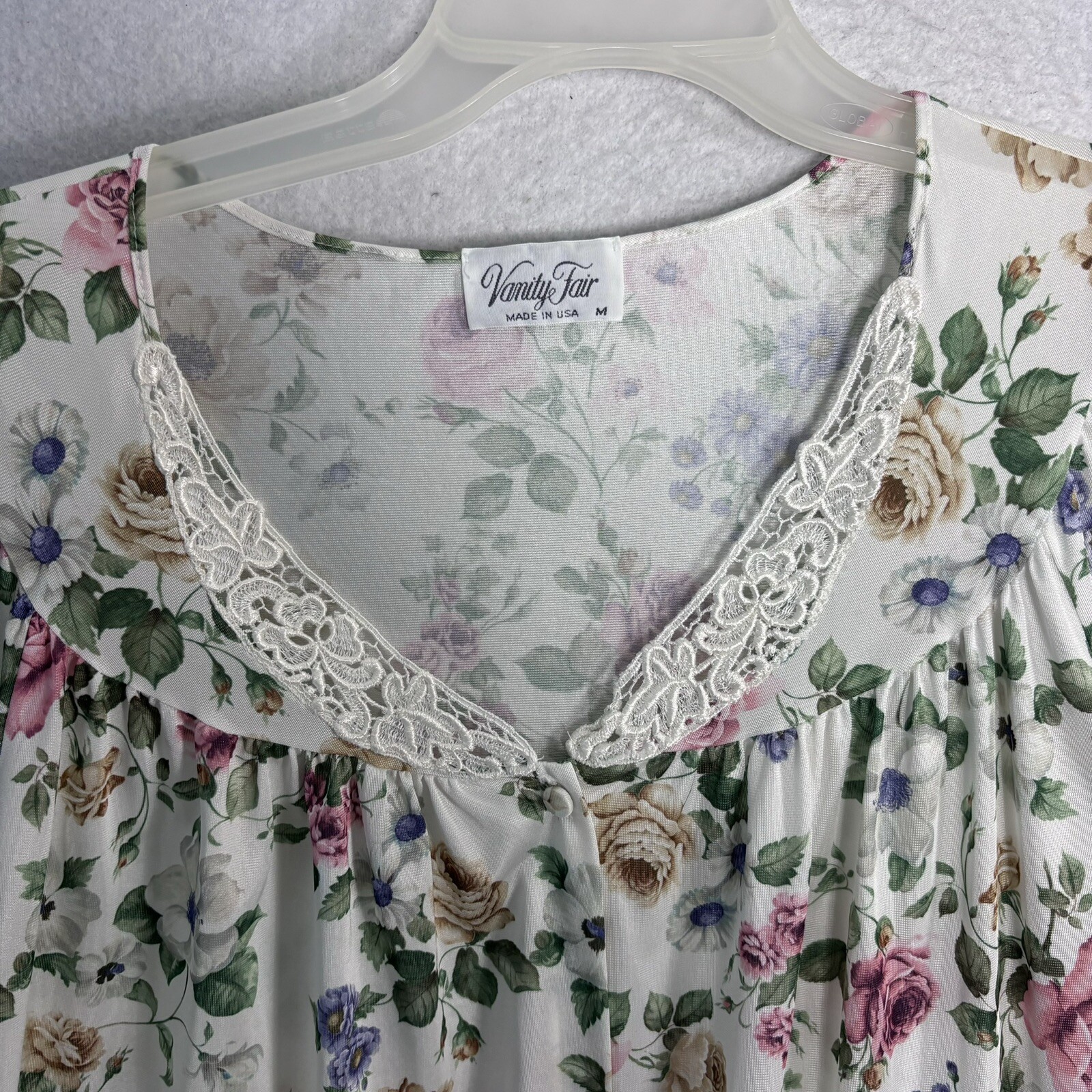 VTG Cottagecore Floral Maxi Nightgown Sz M Satin Lace Details S/S Pocket Button