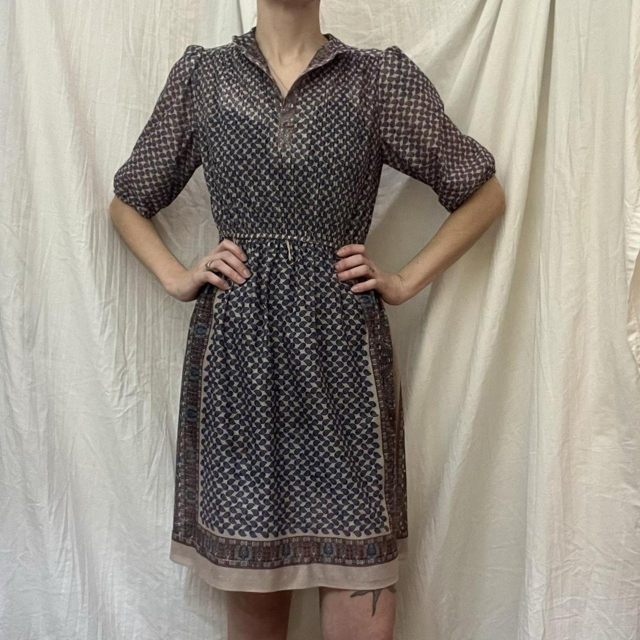 Vintage 70s Tan, Blue, Pink Sheer Midi Dress By Taurus II Cottage Peasant XS/S