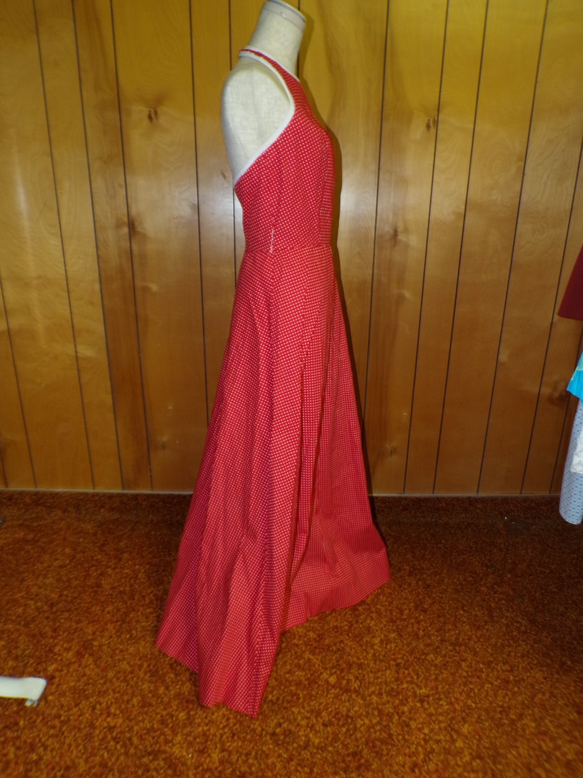 Vintage Red w/ White Polka Dots Halter Maxi Dress Handmade 25″ Waist
