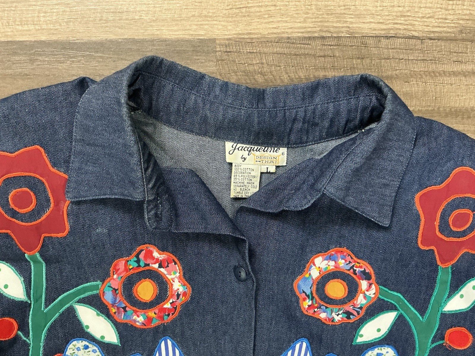 VTG Jacqueline Women’s Bird Floral Appliqué Denim Artsy Tunic L Boho Grandmacore