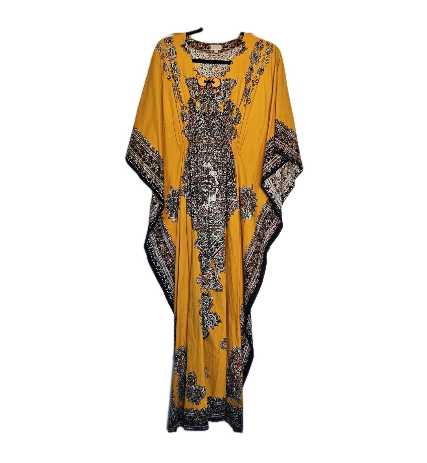 Vtg Thai Cotton Vibrant Yellow Printed Ethnic Asian Maxi Dress Kaftan XS