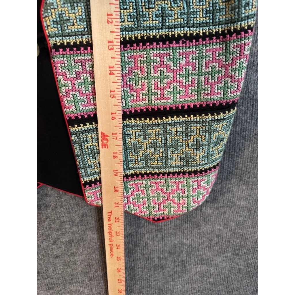 Vintage Hand Embroidered Cross Stitch Geometric Folk Vest Black Pink Green Small
