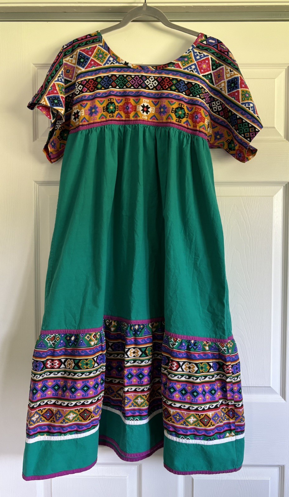 VTG 80s Appel Printed Aztec Geometric Jade Green Colorful Midi Dress Size M