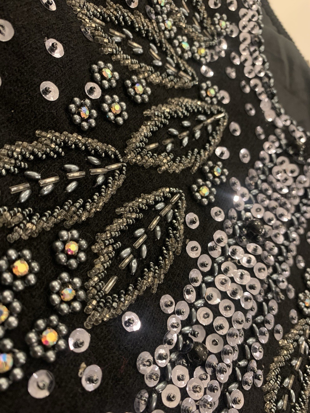 Vintage 60’s Black Beaded Sweater Silver Sequined Wool Blend Size 42 USA 10