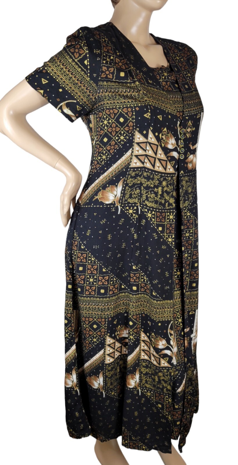 Vintage 90s Betsy Lauren Black Floral Tribal Cottagecore Grunge Maxi Dress 14
