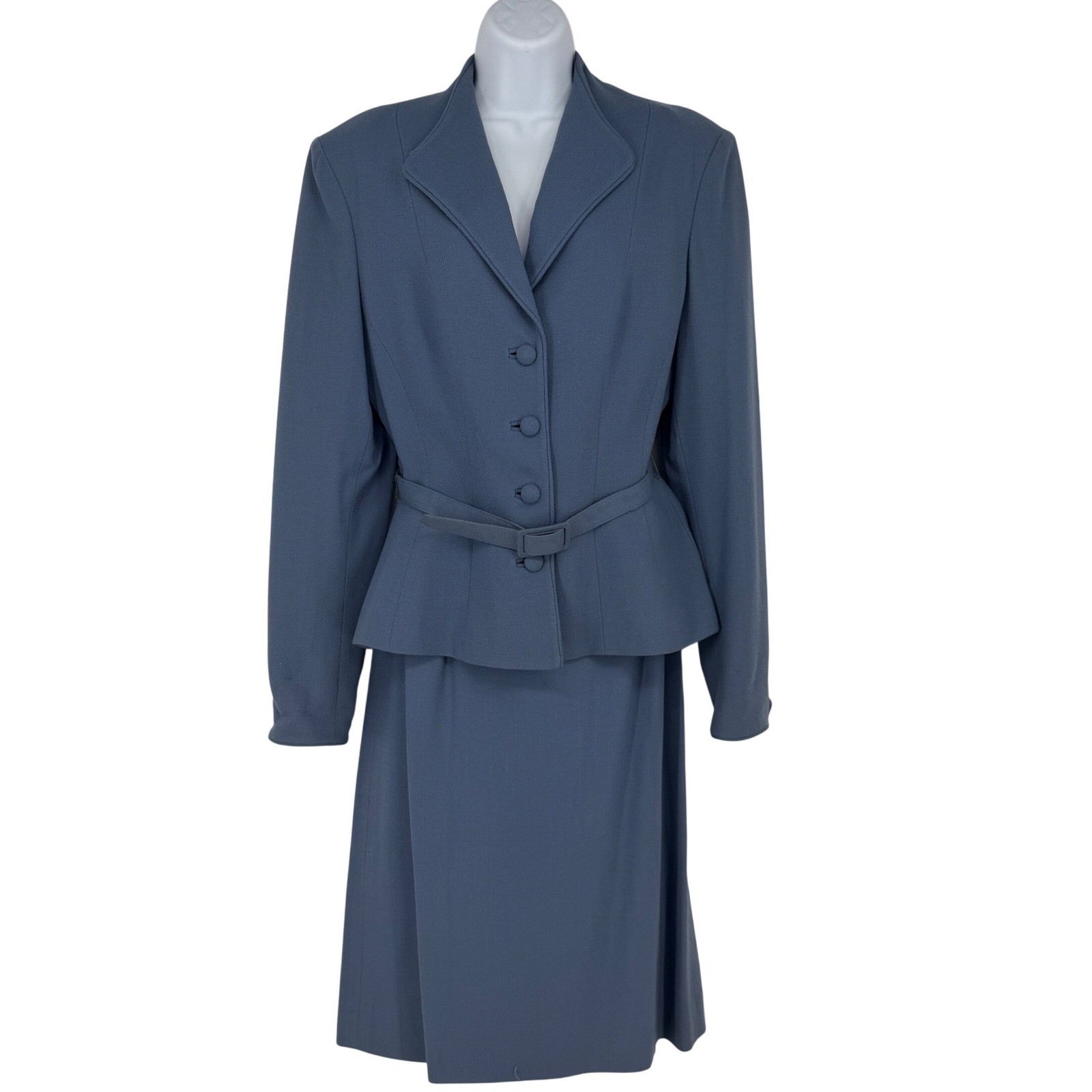 Lilli Ann Vintage Blue Belted Peplum Jacket and Skirt Suit Set Union Made