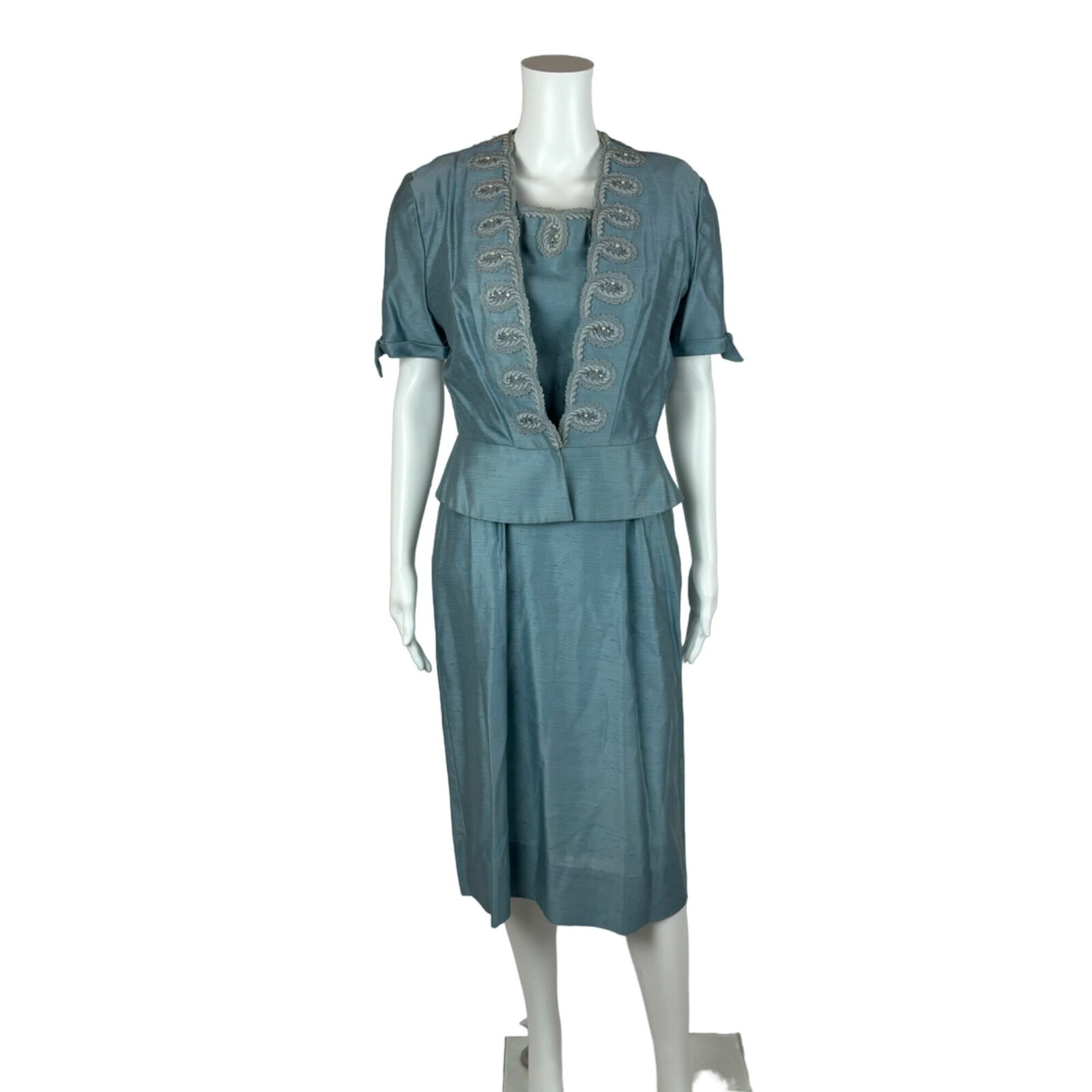 Vintage 1950s Dress Set Women’s Small Faux Silk Blue Cocktail Outfit Ann Kauffma