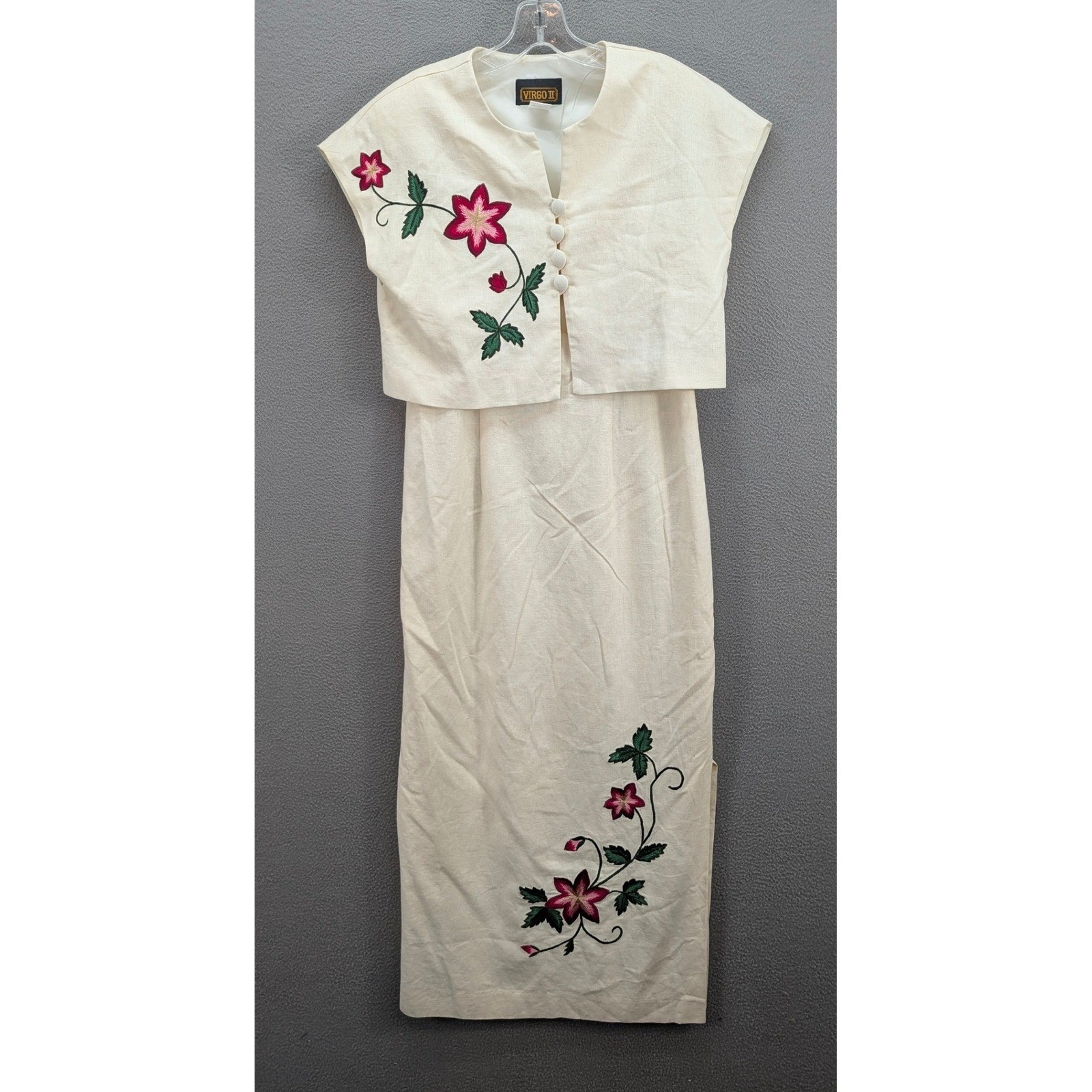Virgo II Vintage 2pc Linen Blend Floral Embroidered Dress & Jacket Set Size 8