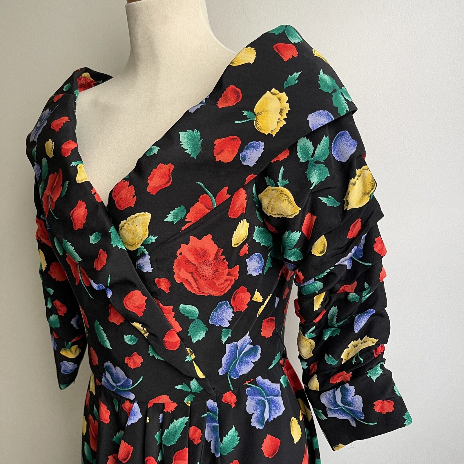 Vintage 80s Arnold Scaasi Boutique Couture Silk Floral Ruched Party Dress 12