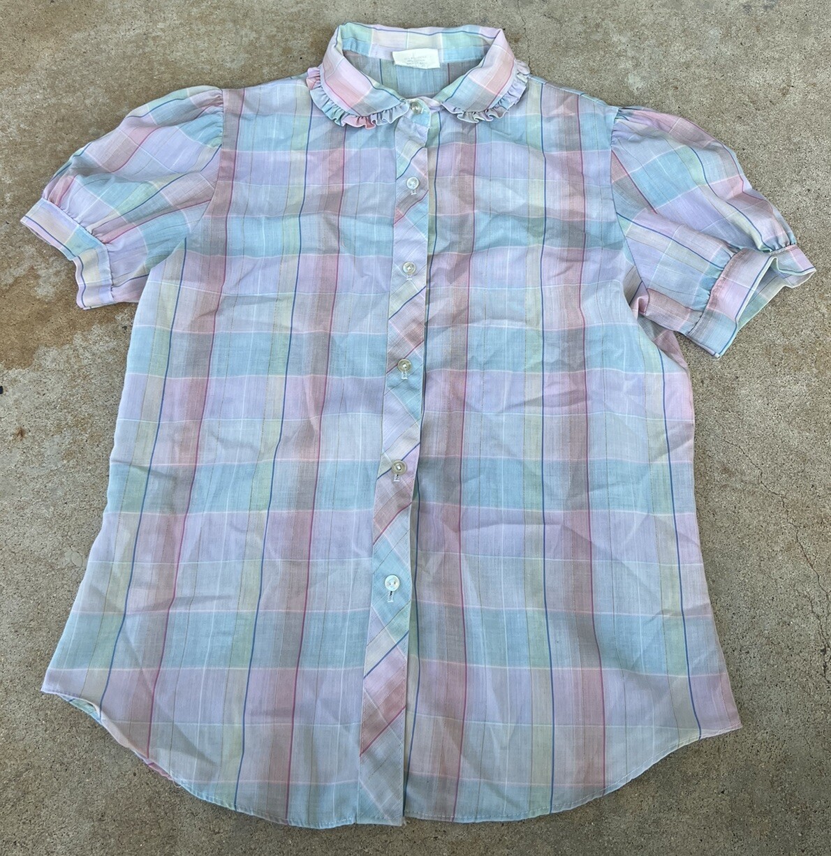 Vntg 1950s Pastel Multi Color Plaid Blouse With Ruffle Collar Classic Size XS/S