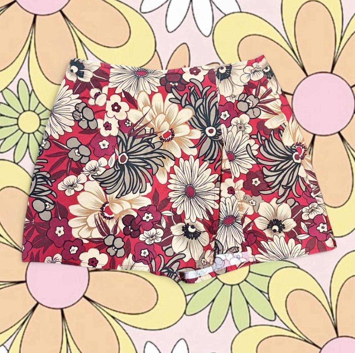 Vintage 90s Wrapper Made In USA Red Floral Hawaiian Skirt Size S