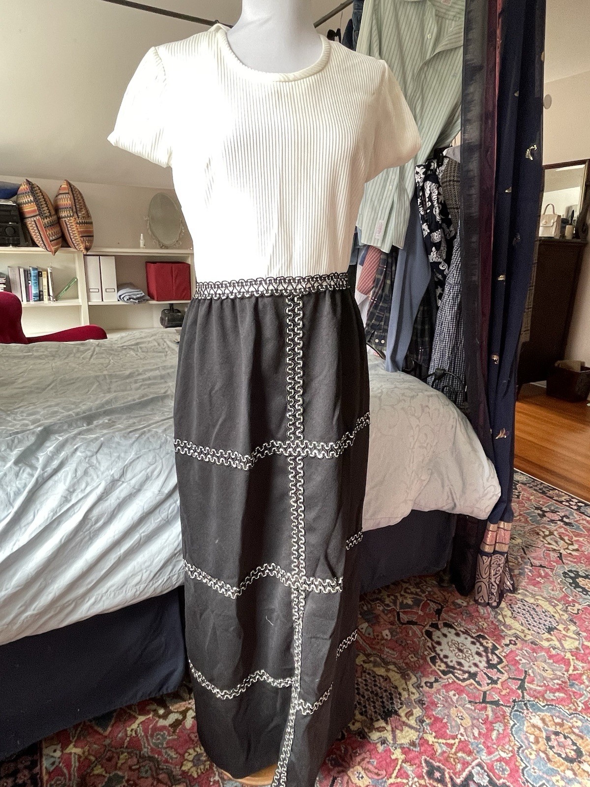 VTG 60s Black White Longsleeve Gown With Embellished Silver Trim Holly Golightly