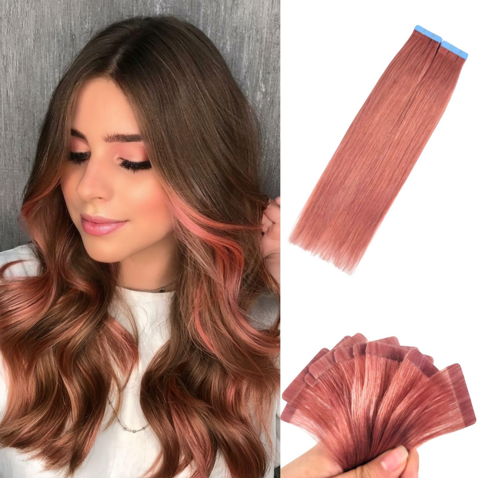 Rose Gold Pink Tape in Hair Extensions Human Hair 14 inch Invisible Seamless Diy