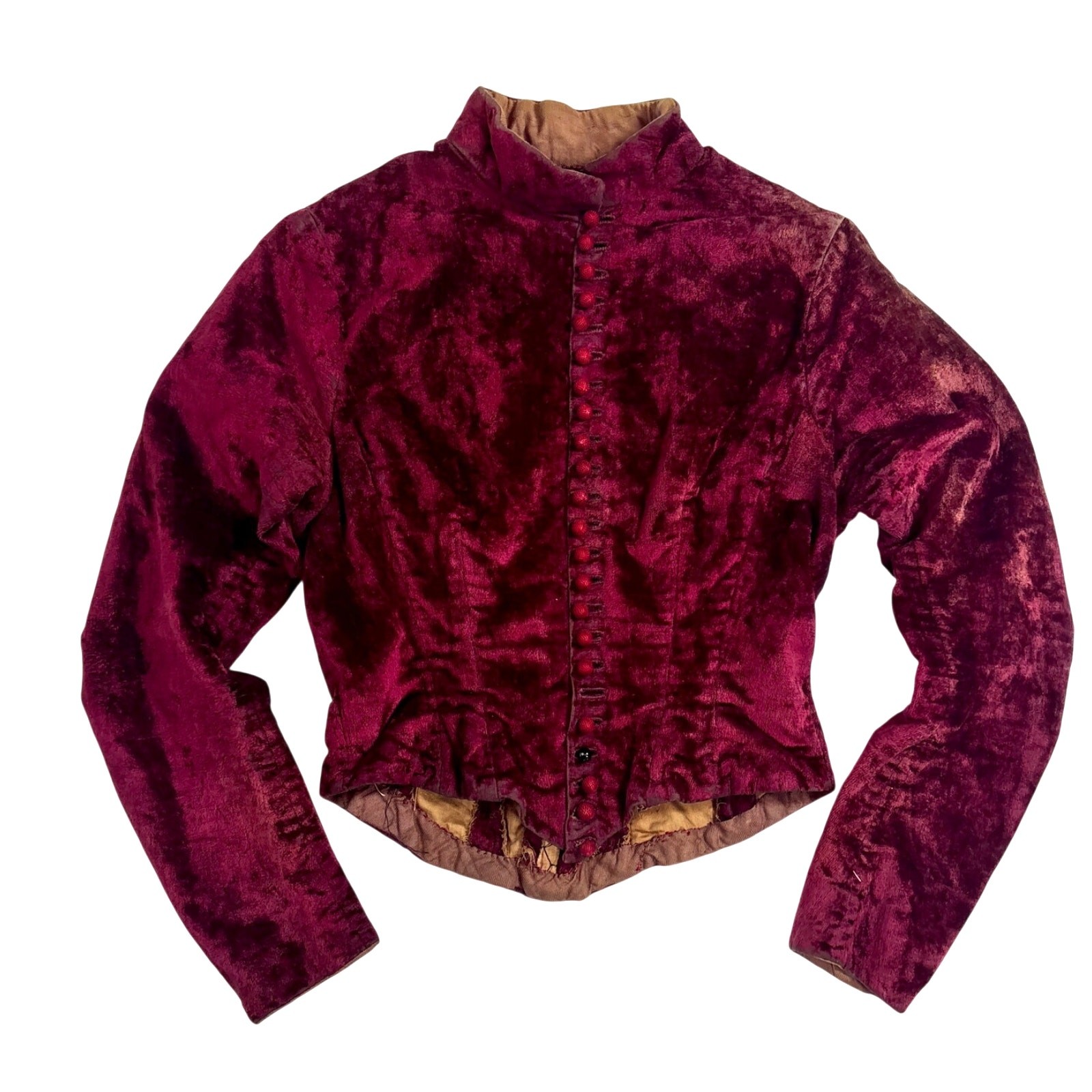 Antique Victorian Burgundy Silk Velvet Basque Bodice Maroon High Neck 1880s