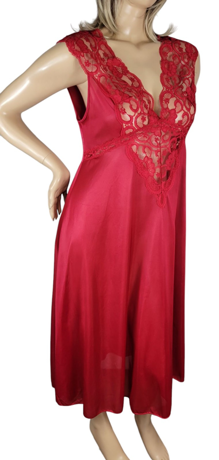 Vintage Soft Moments New York Red Nylon Satin & Semi Sheer Lace Slip Nightgown L