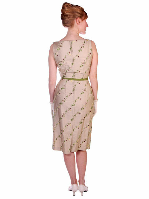 VTG 60s Floral Sheath Dress S Tan Polished Cotton Embroidered Belted XS