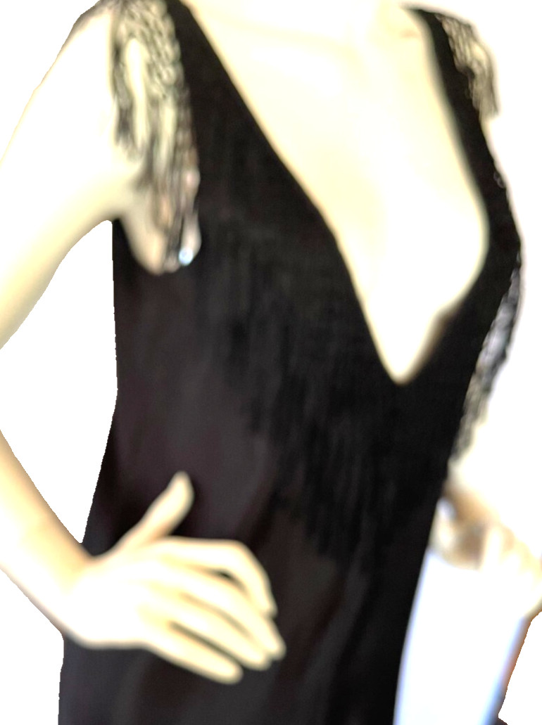 Black Silk Satin 1920 Flapper Sleeveless Dress W/ Fringe Four /Ruffles at Hem