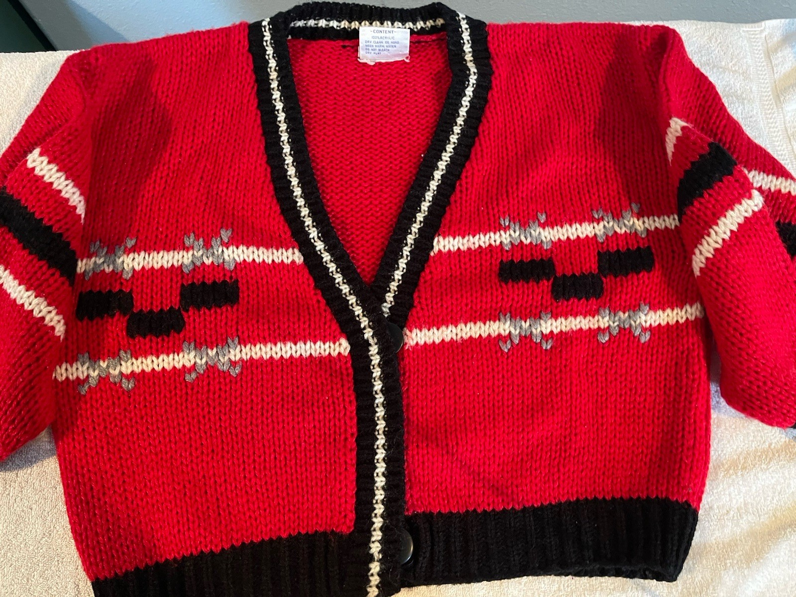 Vintage 80s Midnight Blues Hand Knit Wool Sweater Cardigan Red Black Pattern Kor