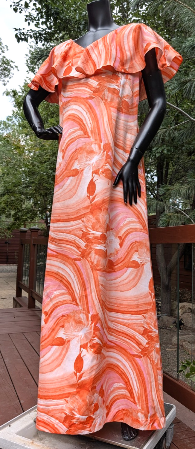 vintage 70’s Liberty House Hawaiian psychedelic orange rose Maxi dress 42″ bust