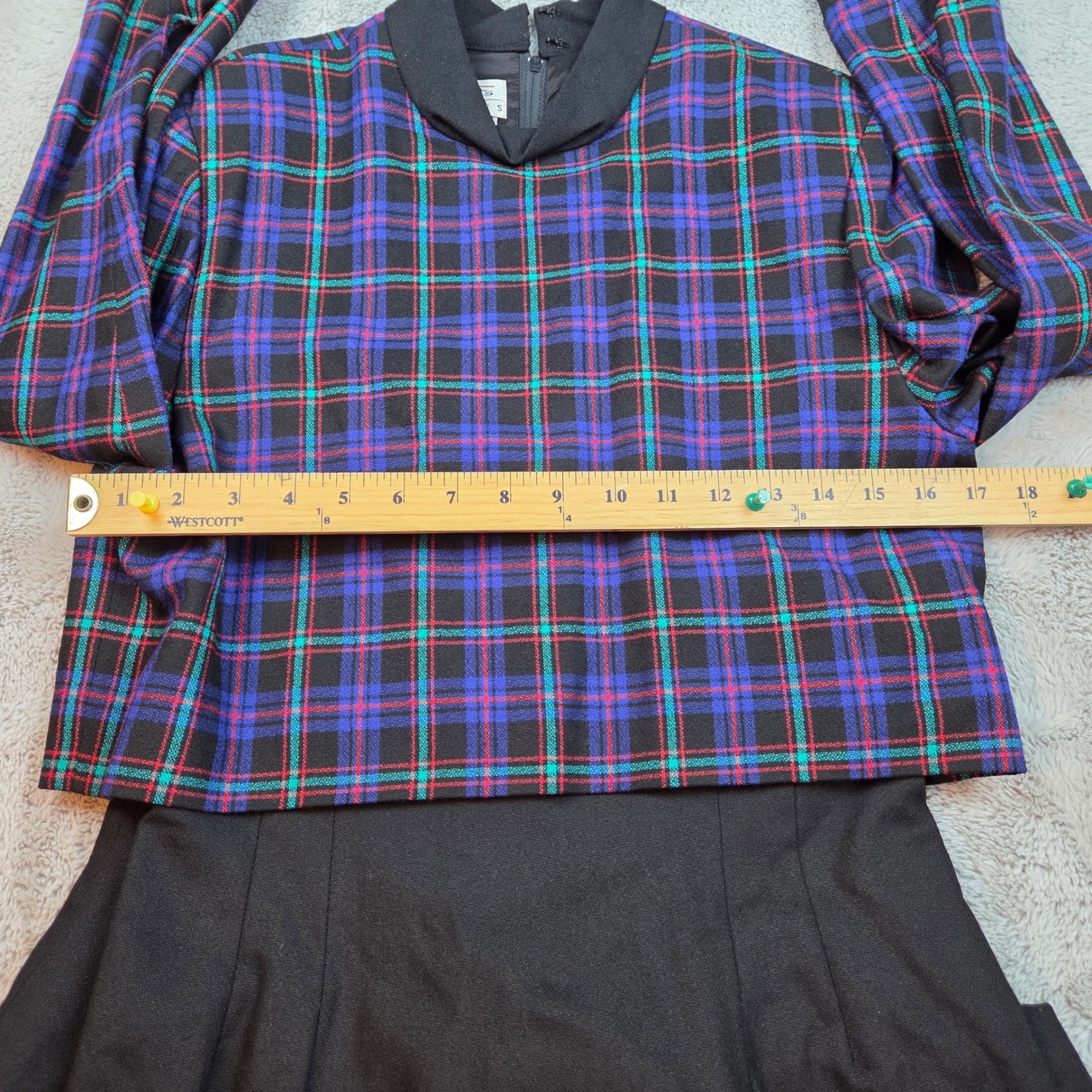 Vintage Talbots Plaid Sheath Dress Womens 8P Black Purple Wool Blend Mock Neck