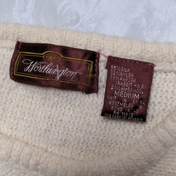 Vintage Cream Silk Angora Pearl Beaded Soft Girl Coquette Crewneck Sweater Sz Md
