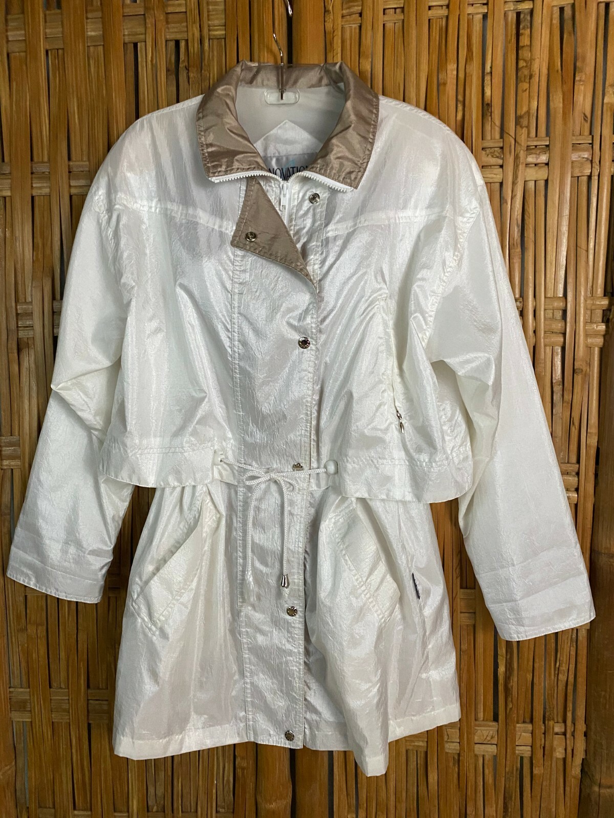 VTG 90s Innovations IZZI Raincoat Jacket White Mocha Trim Adjustable Waist M