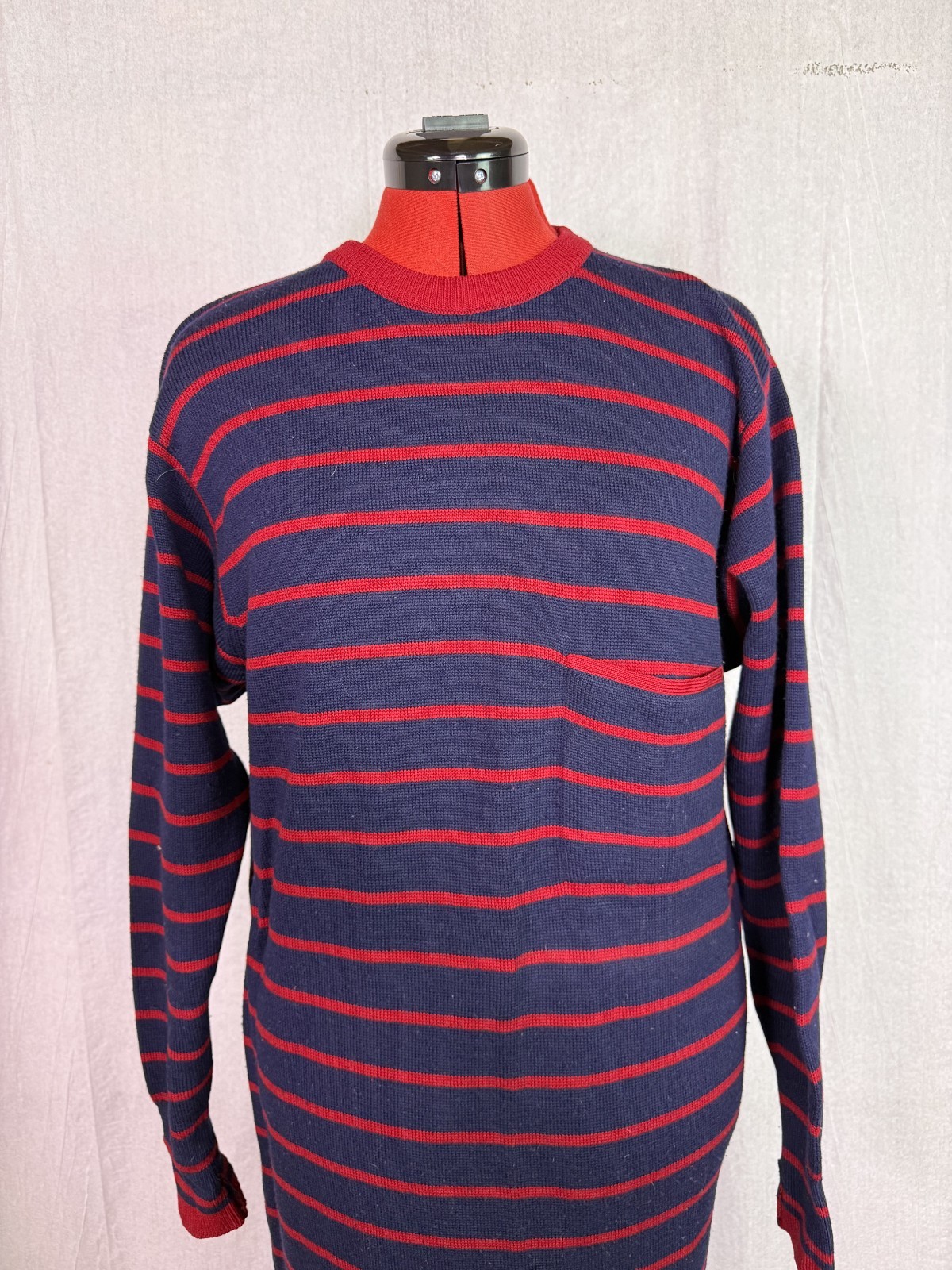 VTG Gloria Sachs Women Sweater Dress Sz Medium Merino Wool Blue Red Striped F138