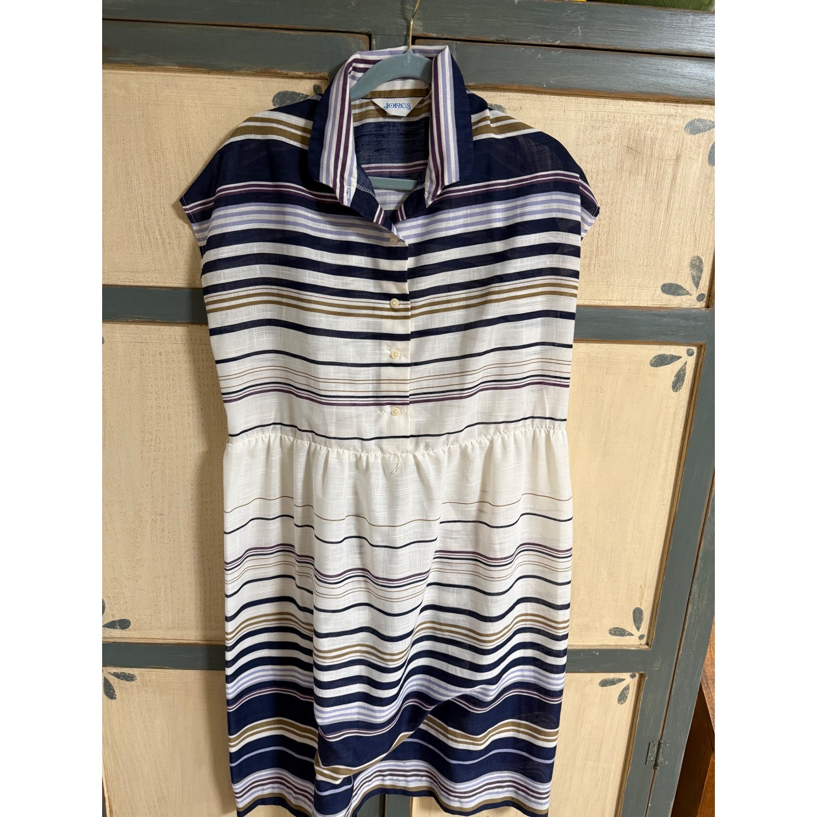 Vintage Jones New York Striped Shirt Dress Navy Purple White Elastic Waist 12