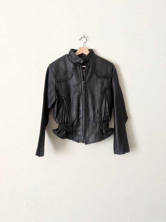 Vintage Leather Wear LARGE 100% leather black biker zip jacket