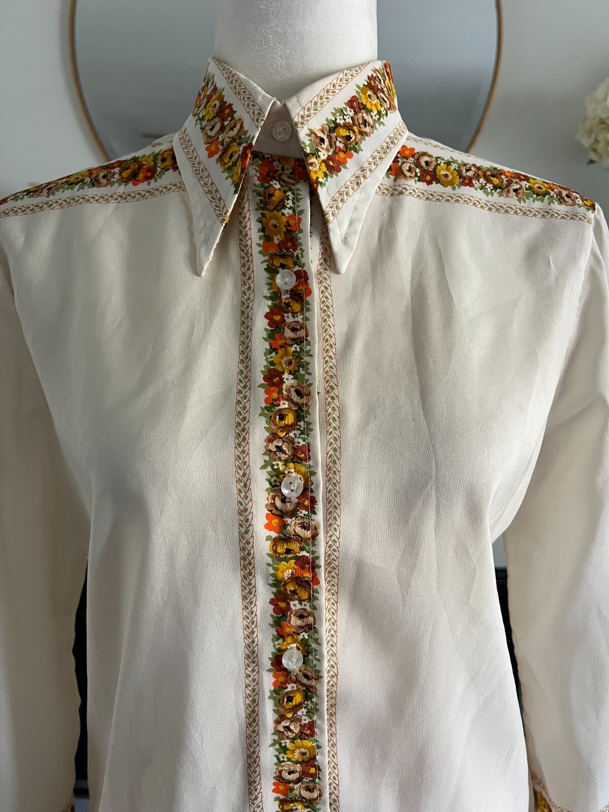 60s Vintage Womens M Skirt Set Sz S Blouse Ivory Floral Fall A Line Skirt