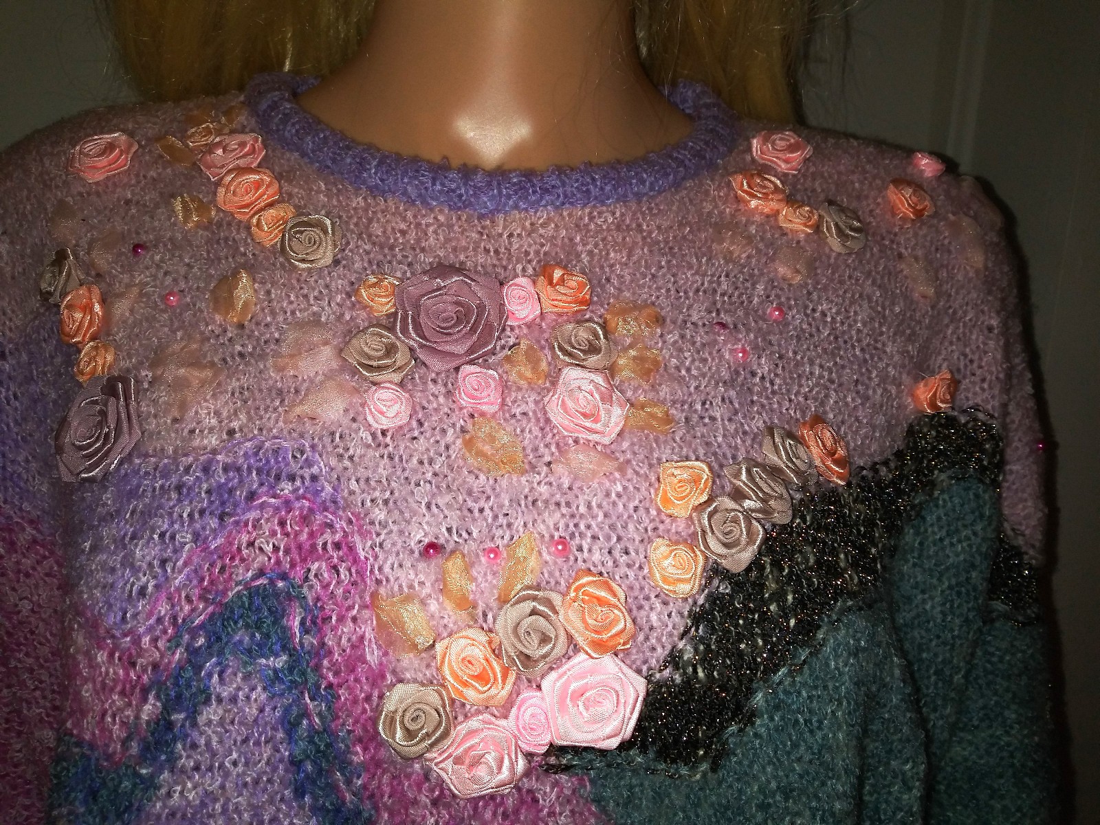 Vntg 80’s Maurada Pearl & Rosettes Embellished, Abstract Acrylic Sweater Size S