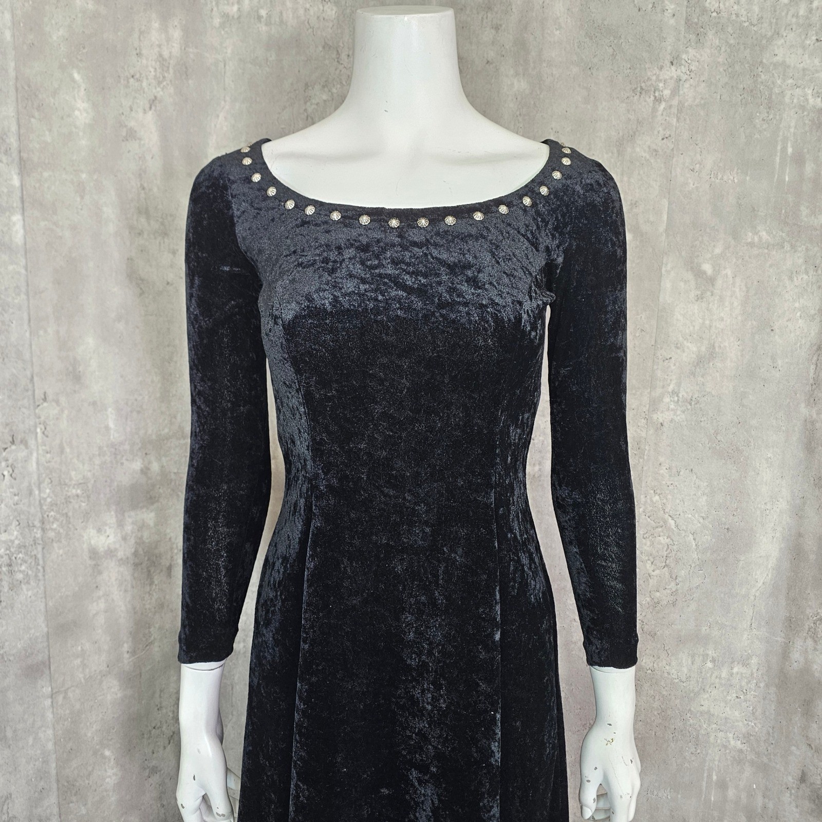 Vintage 90s Black Crushed Velvet Maxi Dress Goth Grunge Whimsygoth Size S