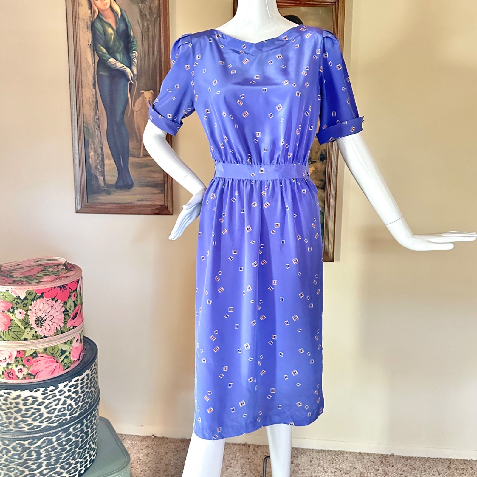 Vintage 1980s New Wave Squares Purple Secretary Day Dress Cute Button Side! S