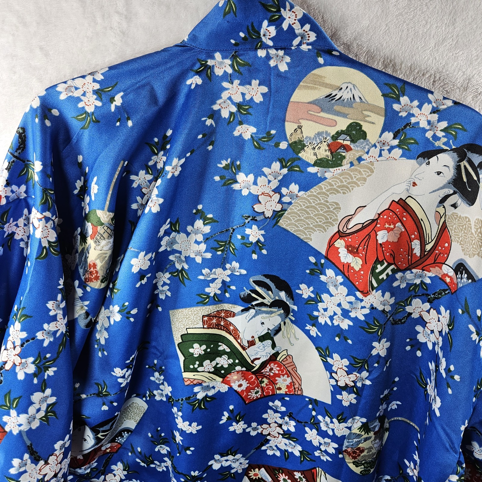 Vintage Kimono Robe Womens M Satin Royal Blue Japanese Style Geisha Artsy
