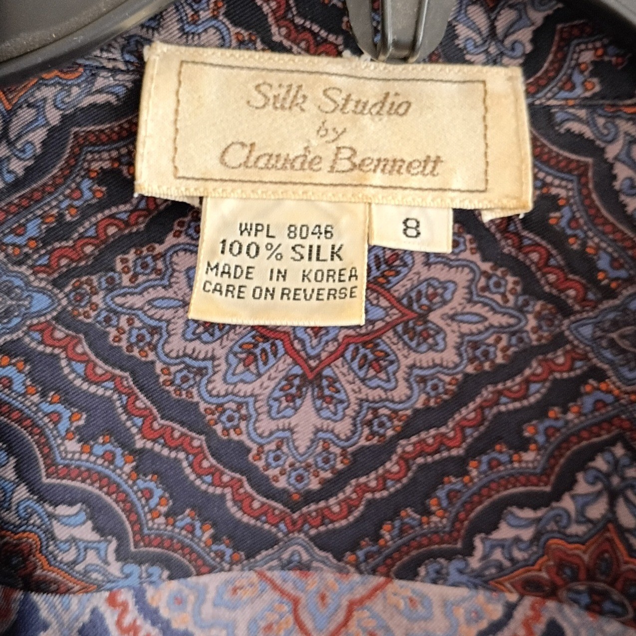 Vintage Silk Studio Claude Bennett Paisley Silk Skirt Blouse Set Navy Blue 8