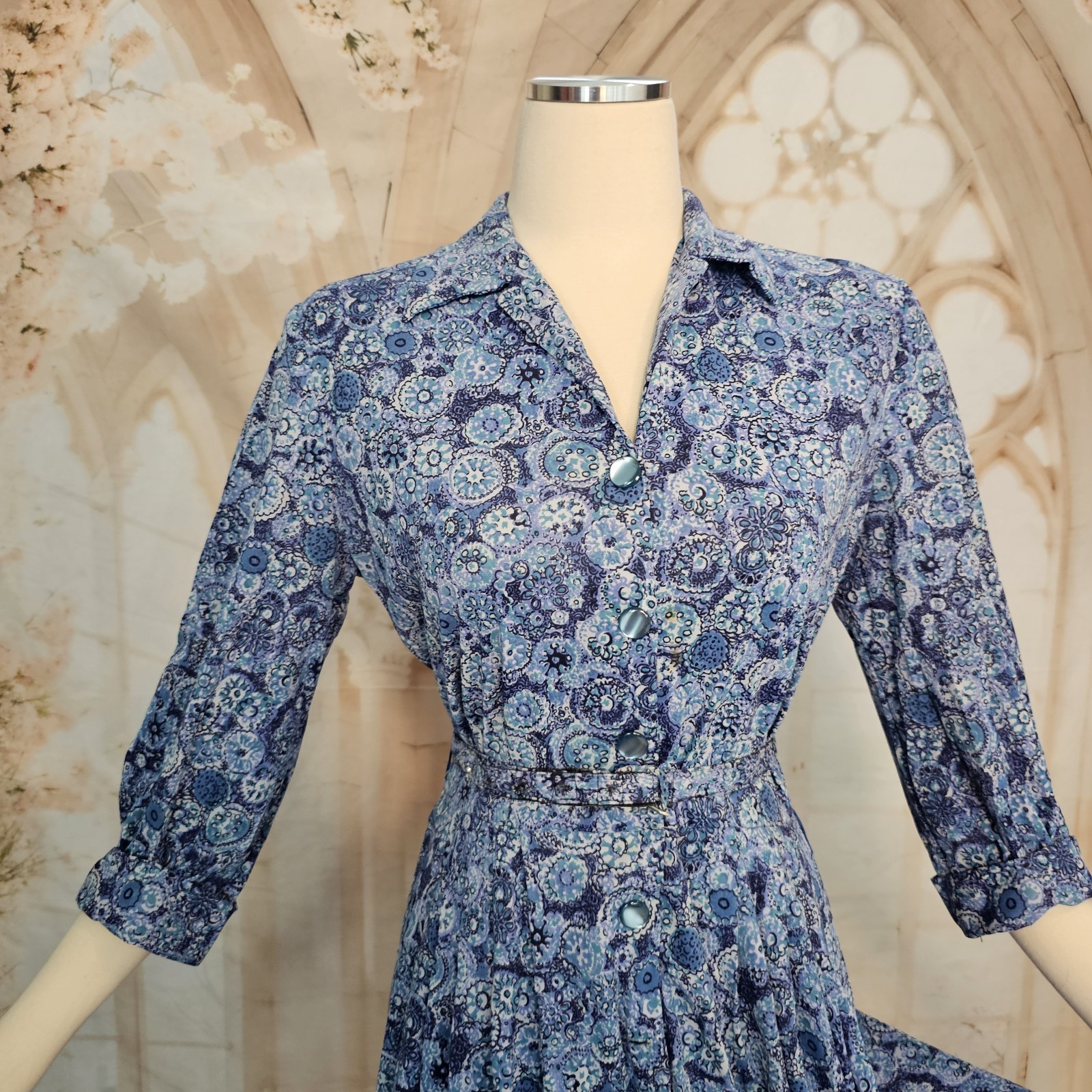 Vintage 1960’s Dress Button Up Blue White Floral 3/4 Length Sleeve Collar Pinup