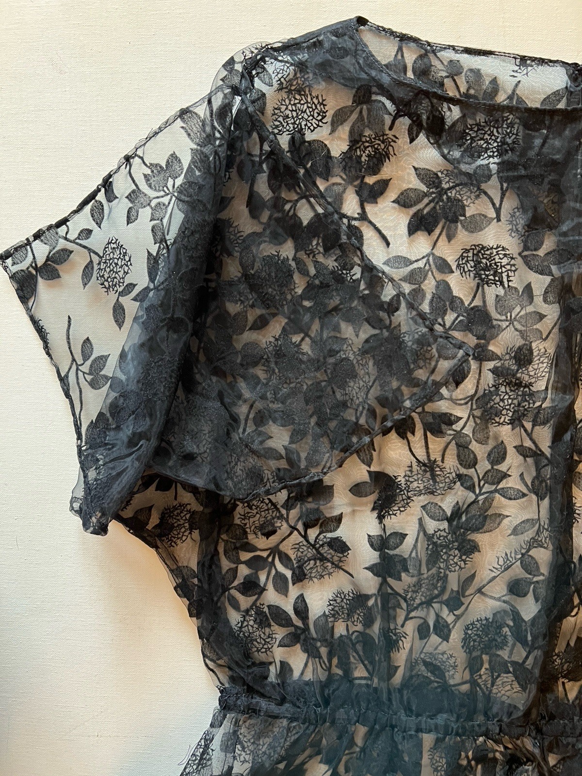 70’s Vintage Handmade Black Flocked Lace Sheer Cover-up Dress Fluted Sleeves