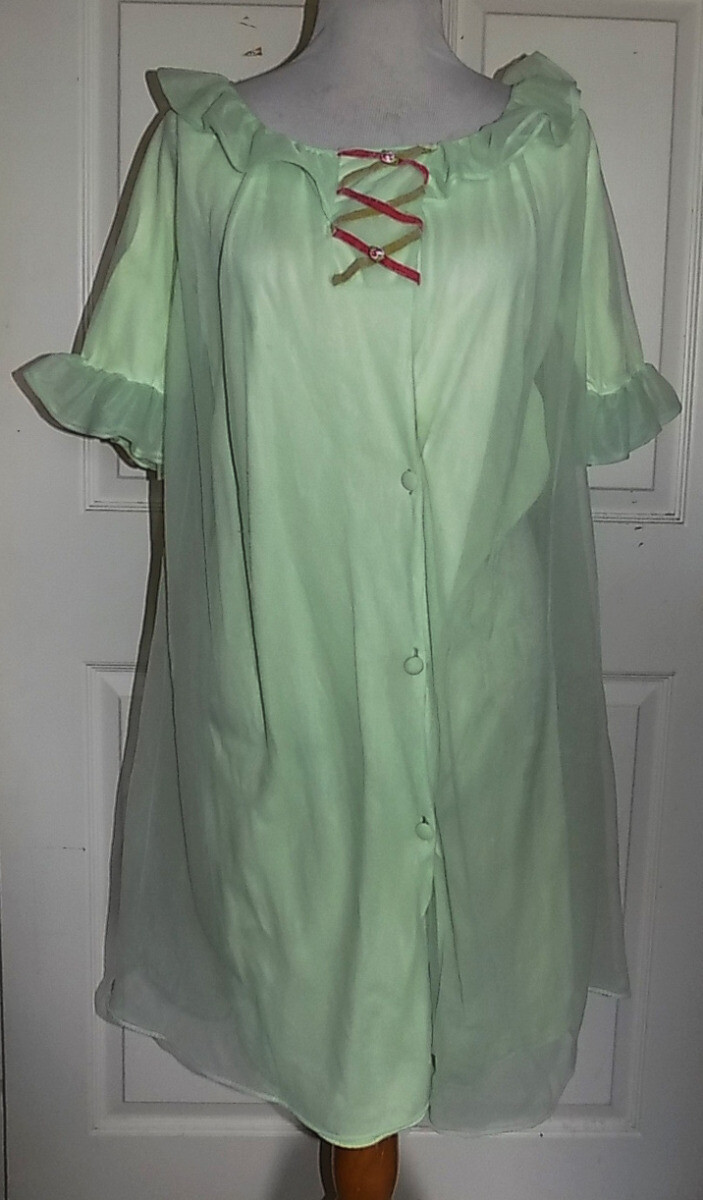 Vintage Green Nylon Chiffon Ruffled Robe Yolande Small B38 *