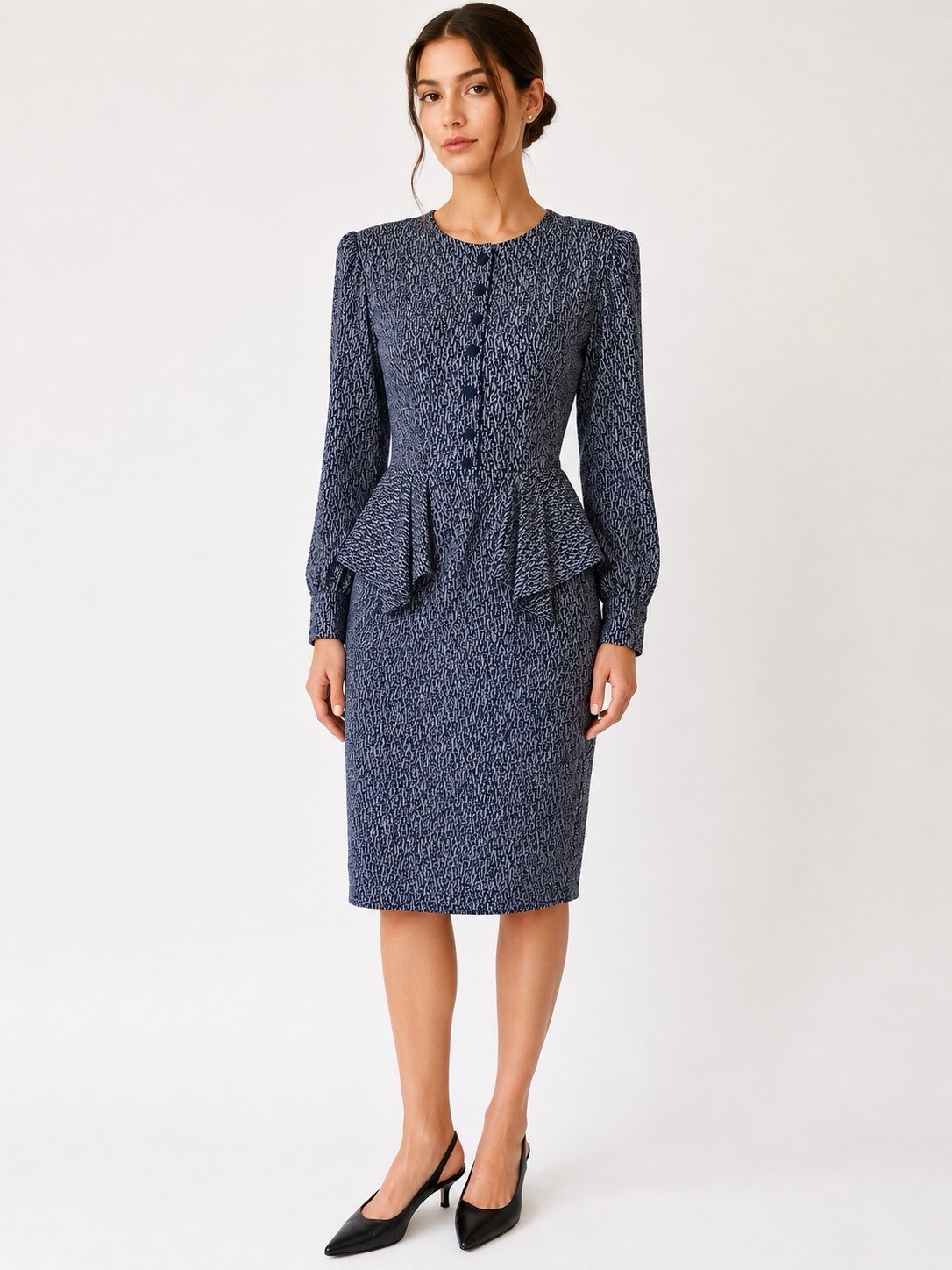 Vintage Michelle Stuart Petite Dress Navy Peplum Secretary Dress XS 80s 90s
