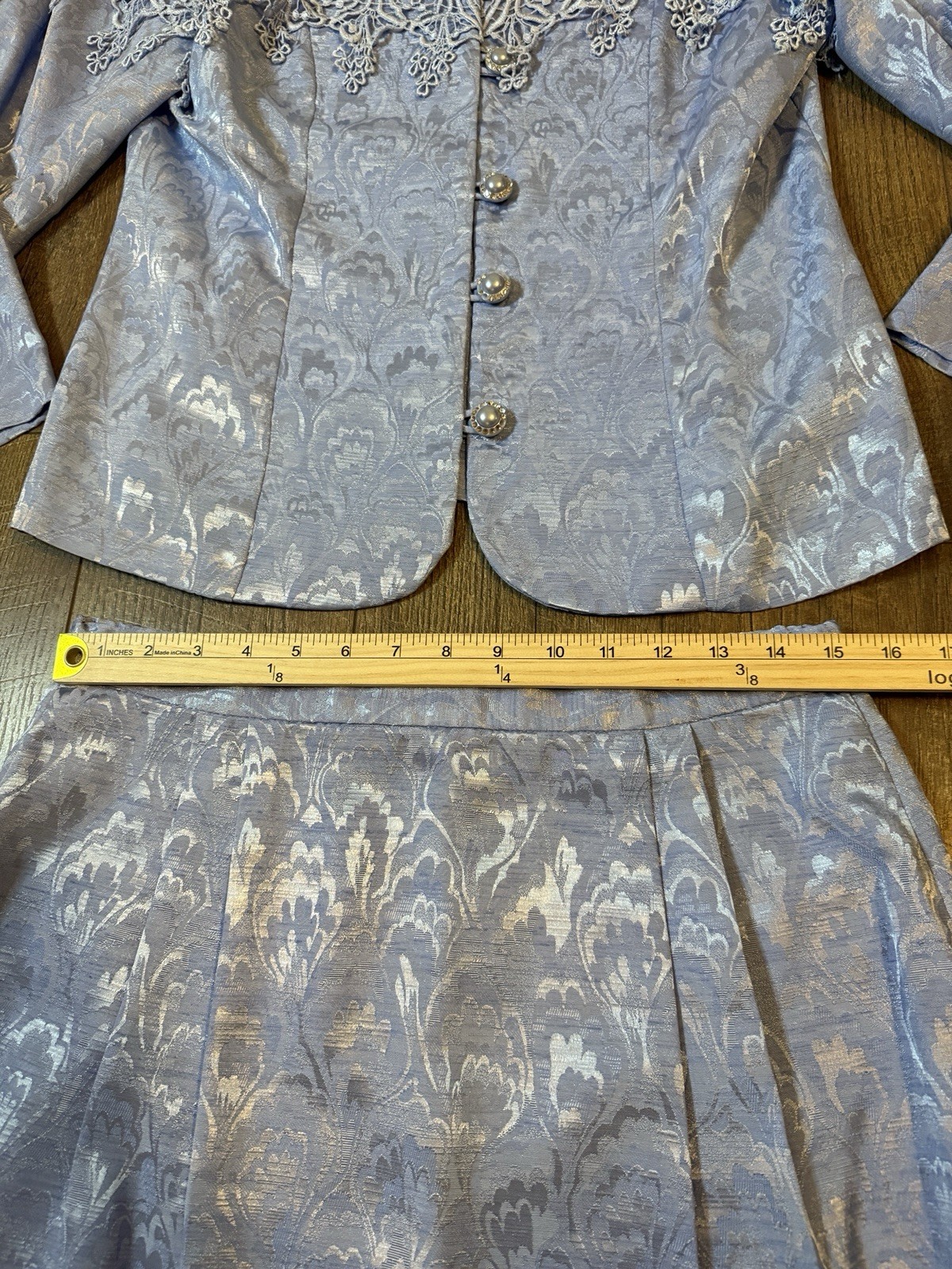 Vintage 2pc Skirt/ButtonTop Sz 12 In the Mood Blue Shimmer Floral Lace