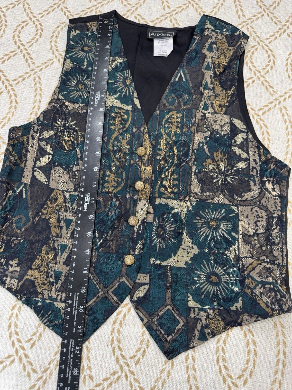 Anxiety Vintage Floral Patch Gold Metal Button Front Vest USA Medium