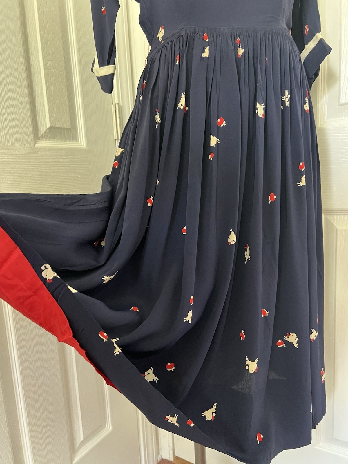 VTG 1950’s Poodle Dog Novelty Prints Blue Dress w Red Lining GOOD CONDITION S M