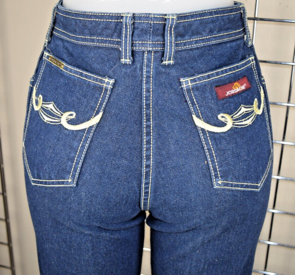 Vintage Jordache Horsehead Jeans 26 x 26.5 70s Blue Yellow Stitch High Waist