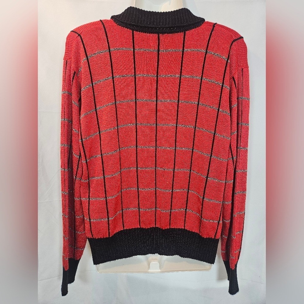 Vintage FIA Italia Red Plaid Zip Front Knit Sweater Cardigan Collared Size L