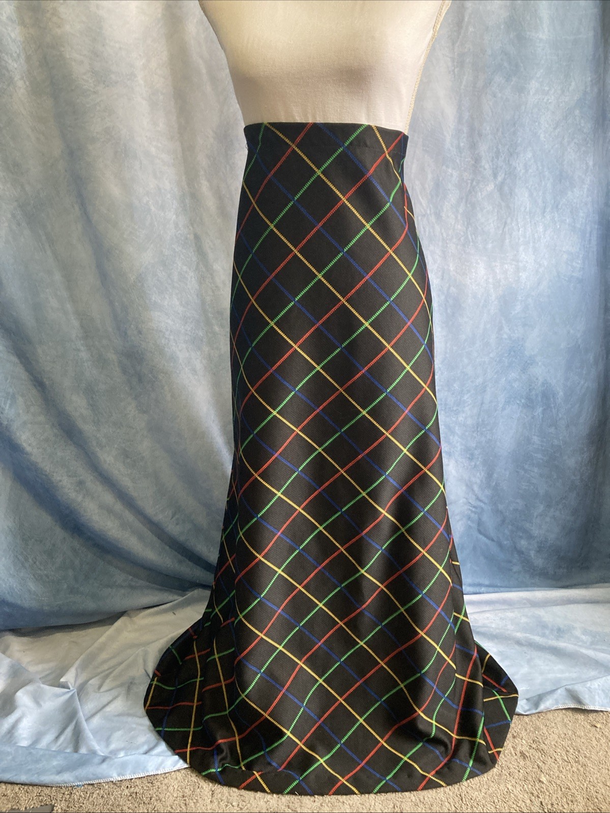Vtg 70s rrrruss Russ Togs Rainbow Windowpane Plaid Maxi Skirt Black EUC 7020