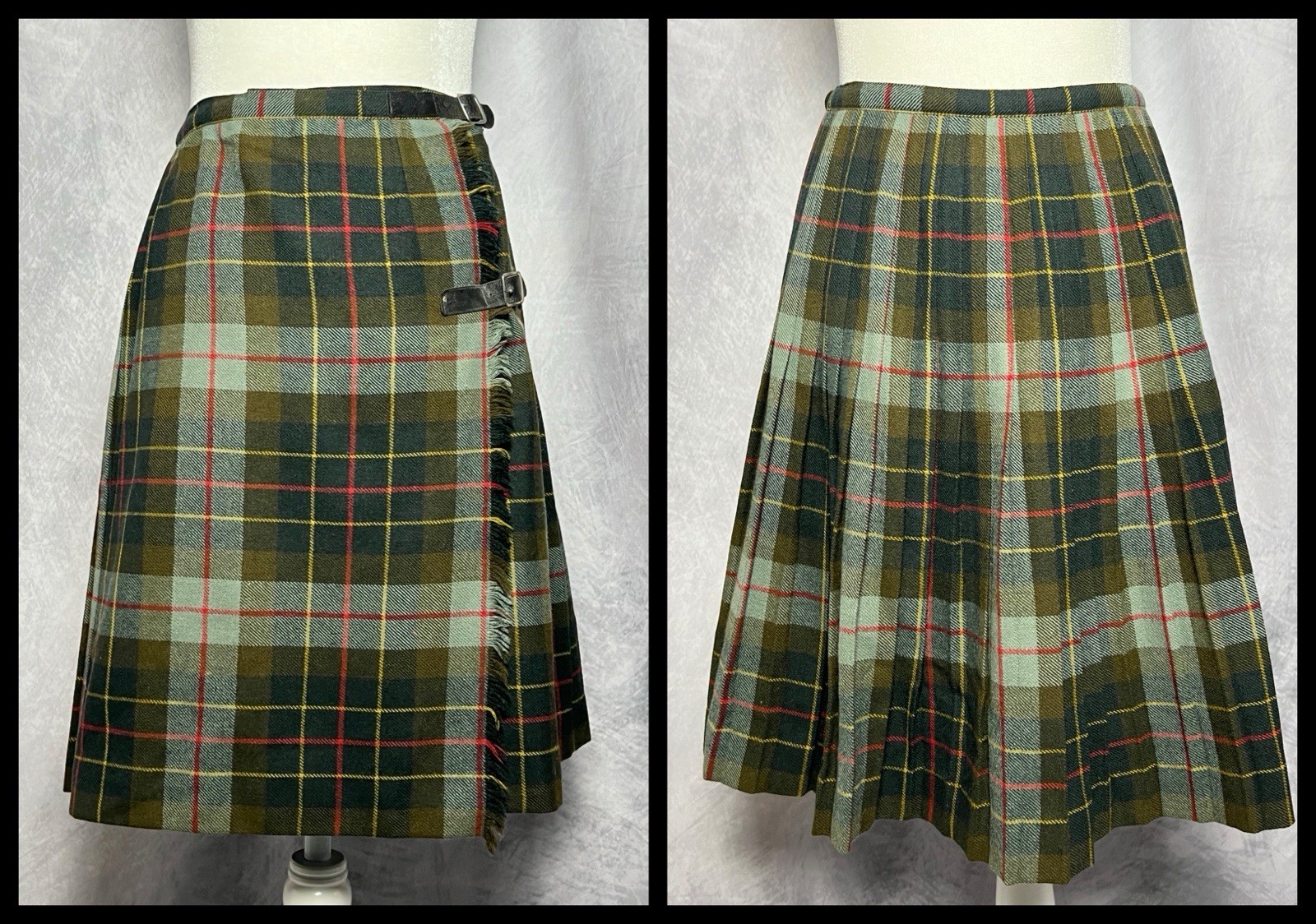 Vintage 1960s W. Bill Ltd Green Wool Tartan Wrap Skirt Pleated Buckle Straps UK