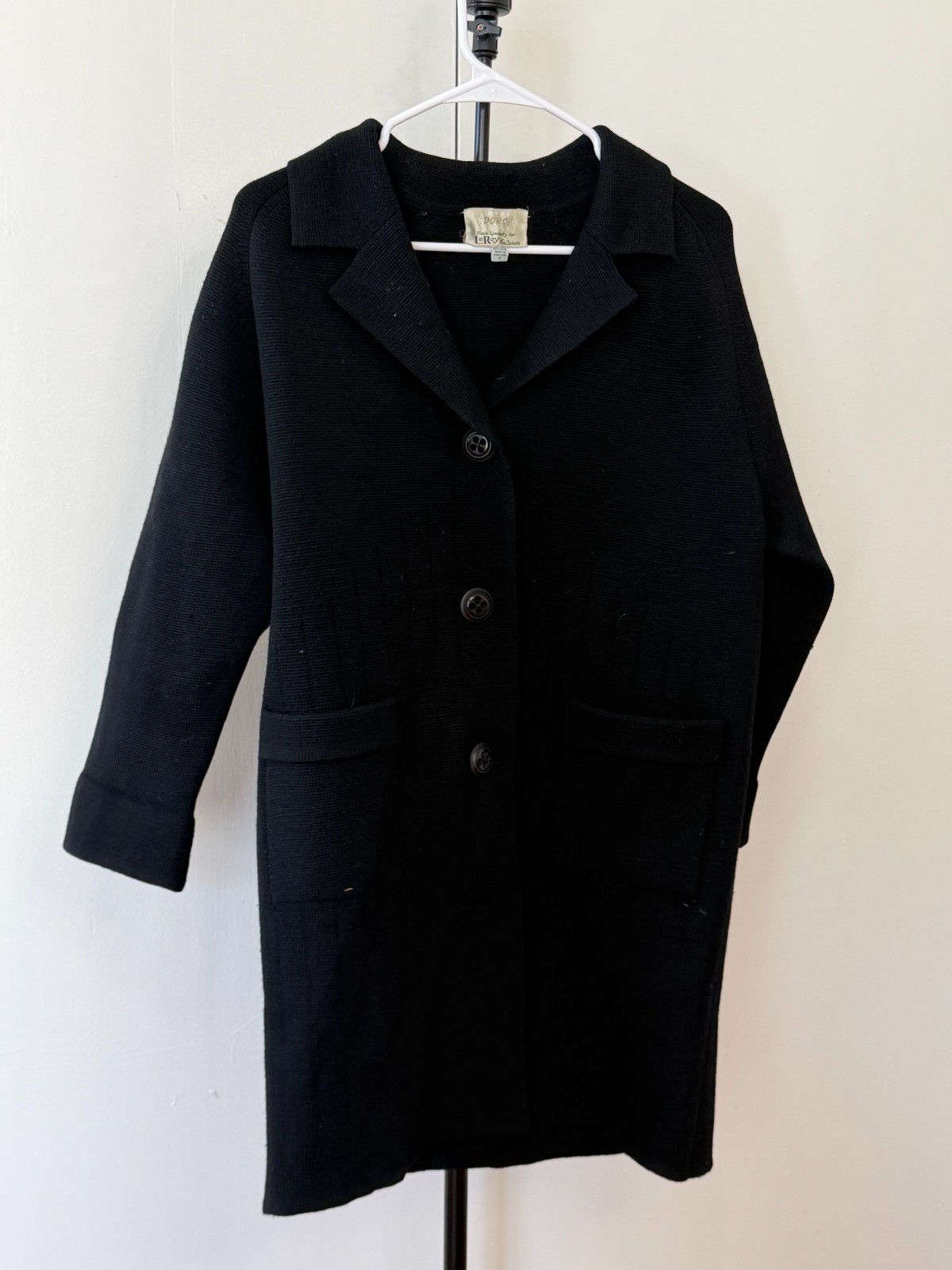 Vintage LeRoy Knitwear Black Wool Knit Coat – Made in Hong Kong, Size M
