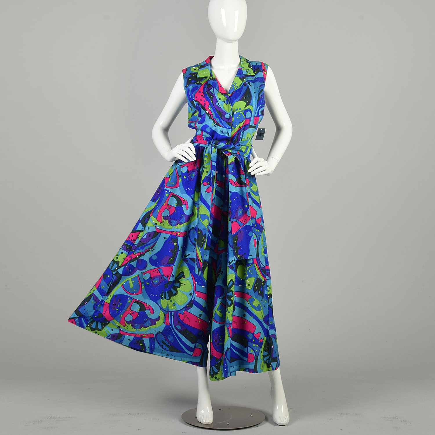 Small 1970s Jumpsuit Hawaiian Abstract Neon Wide Leg Belted Sleeveless Jumpsuit