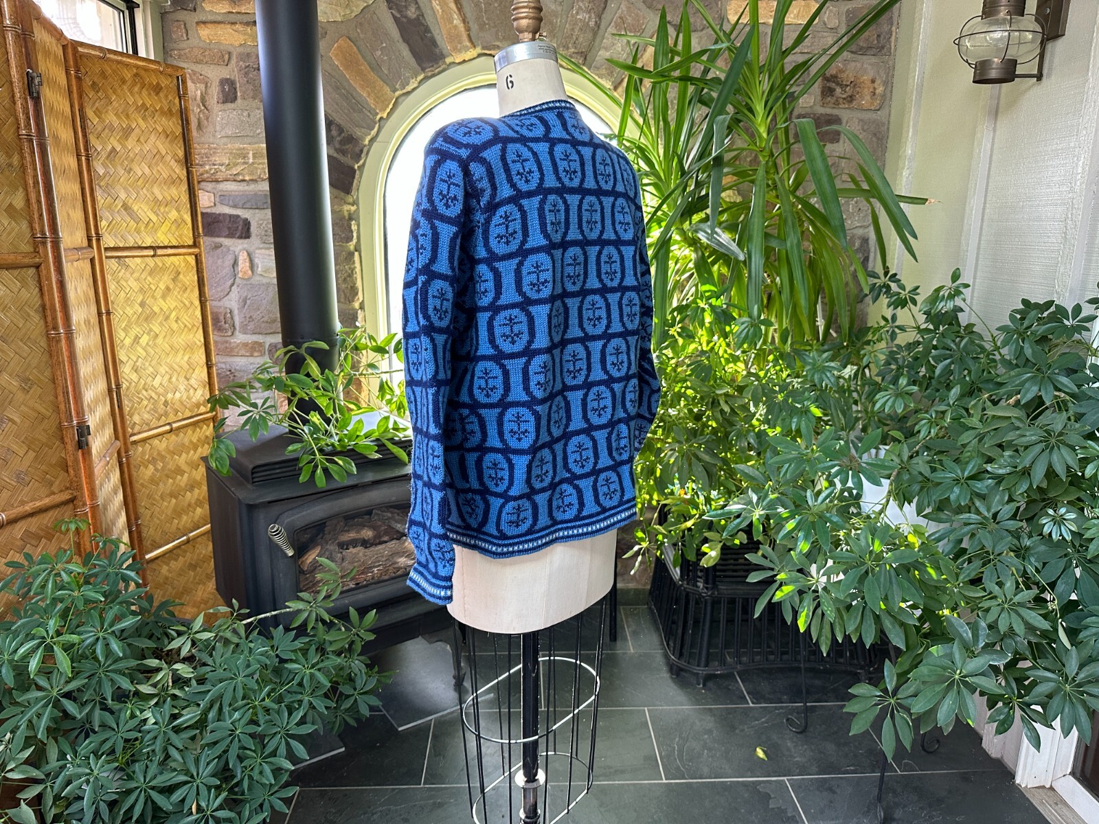 Vintage 1980s 2 Tone Blue Wool Cardigan Sweater with Shoulder Pads J Christopher