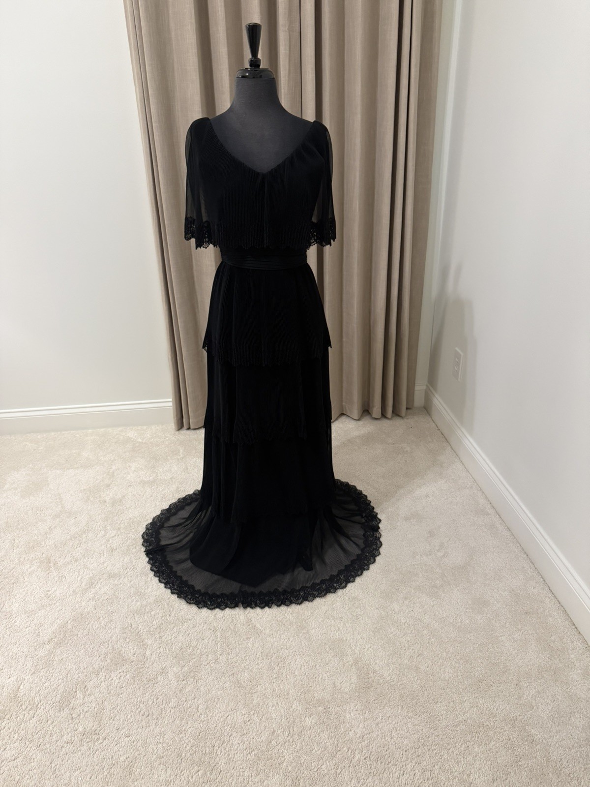 Vintage Miss Elliette Black Tiered Chiffon Lace Pleated Formal Maxi Dress 8